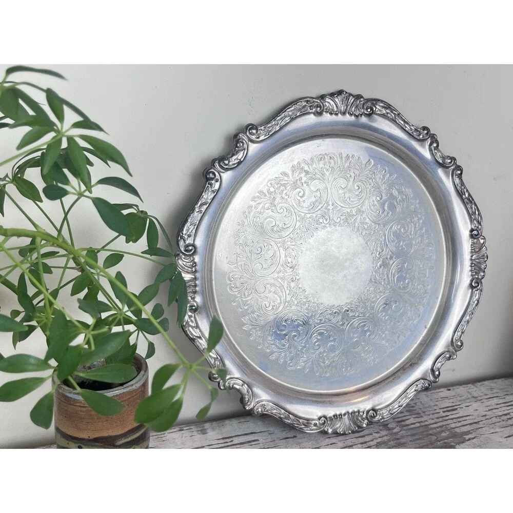 Vintage MCM Sheridan Silver Co Ornate Border Round Silver Plated Tray 12”